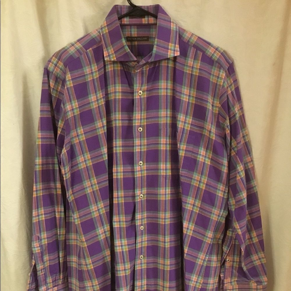 Peter Millar Fine Purple Mens Plaid Dress Shirt